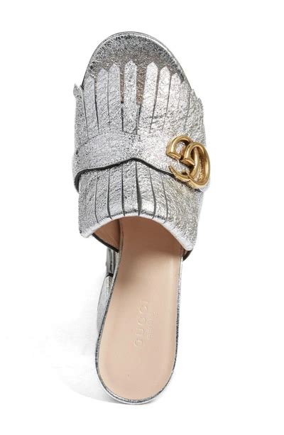 gucci marmont fringed metallic cracked leather mules|구찌(Gucci) Marmont fringed logo.